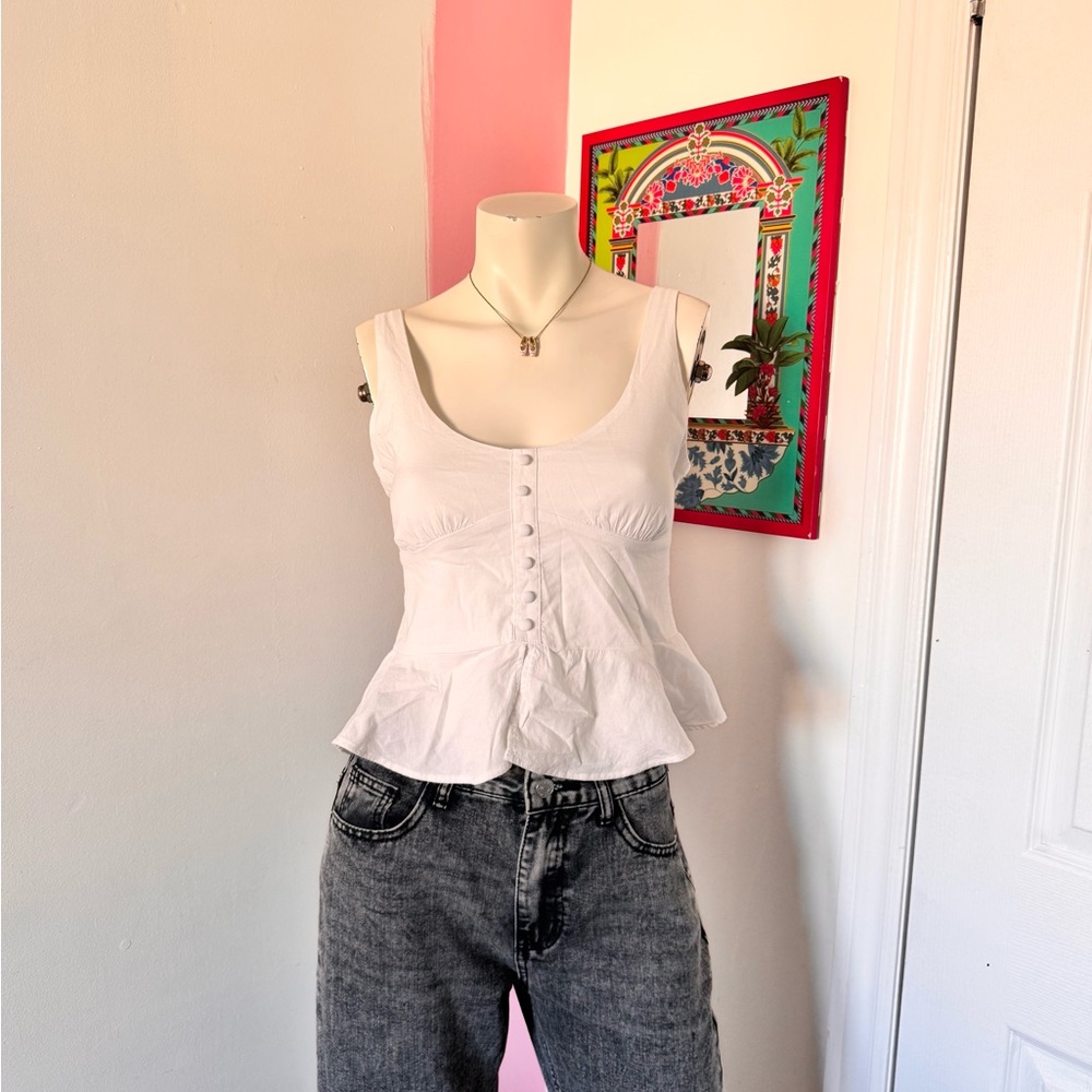 American Eagle White Sleeveless Peplum Top with Button Details